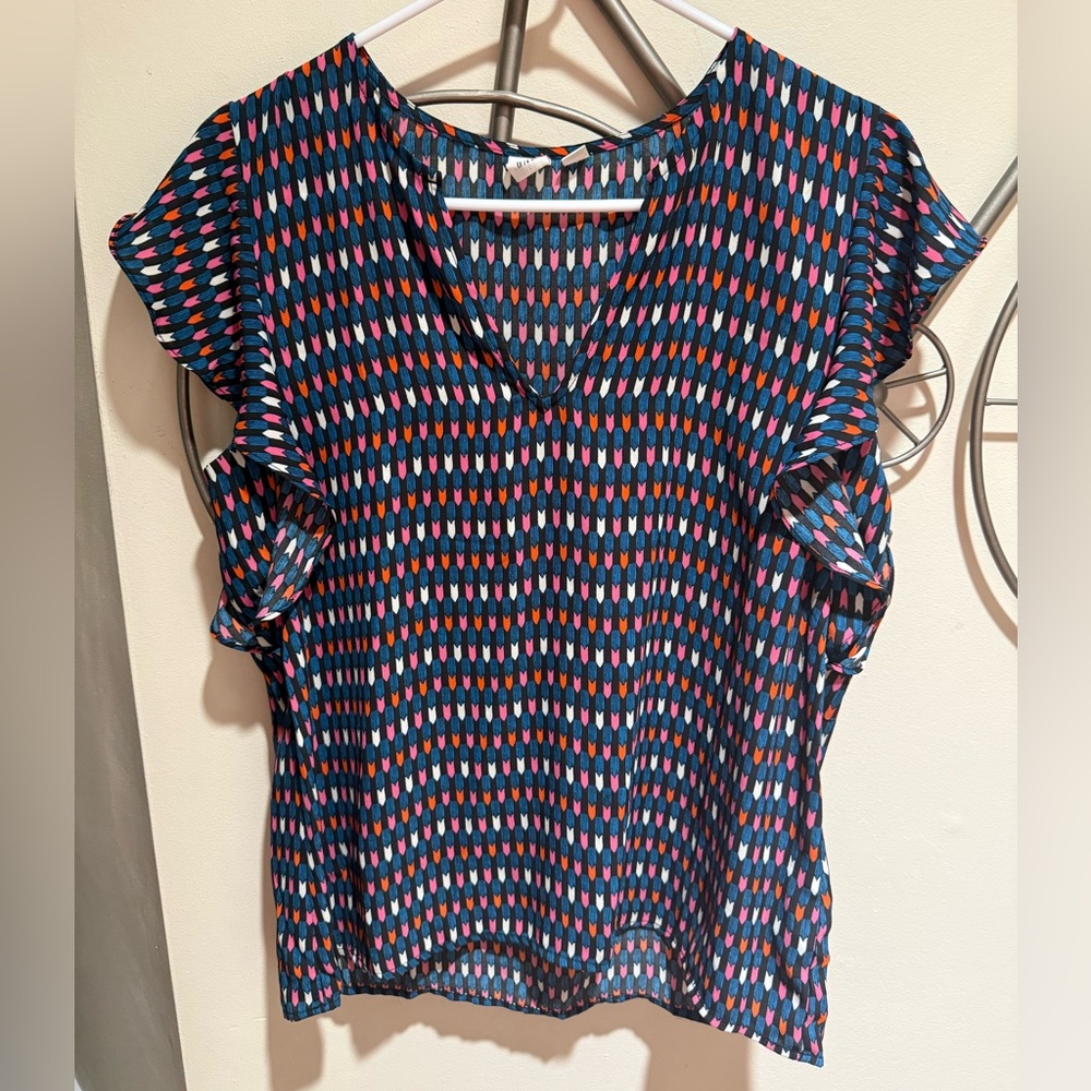 GAP Navy V-Neck Flutter Sleeve Blouse with Multicolor Geometric Motif Size S